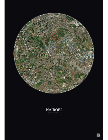 Affiche Nairobi – Poster vue satellite 2.5km Couleur | Gravura – Fond foncé