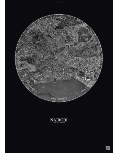 Affiche Nairobi – Poster vue satellite 6km N&B | Gravura – Fond foncé