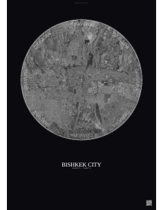 Affiche Bishkek City – Poster vue satellite 10km N&B | Gravura – Fond foncé