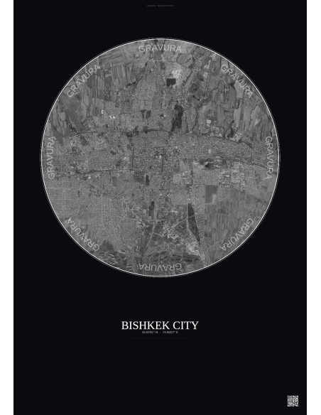 Affiche Bishkek City – Poster vue satellite 10km N&B | Gravura – Fond foncé
