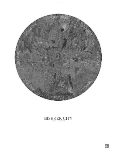 Affiche Bishkek City – Poster vue satellite 10km N&B | Gravura – Fond clair