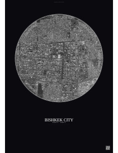 Affiche Bishkek City – Poster vue satellite 2.5km N&B | Gravura – Fond foncé