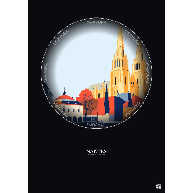 Affiche Nantes – Poster illustration vintage – Cathedrale Saint Pierre Et Saint Paul | Gravura – Fond foncé