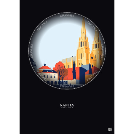 Affiche Nantes – Poster illustration vintage – Cathedrale Saint Pierre Et Saint Paul | Gravura – Fond foncé