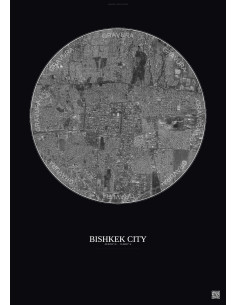 Affiche Bishkek City – Poster vue satellite 6km N&B | Gravura – Fond foncé