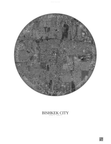 Affiche Bishkek City – Poster vue satellite 6km N&B | Gravura – Fond clair