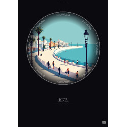 Affiche Nice – Poster illustration vintage – Promenade Des Anglais | Gravura – Fond foncé