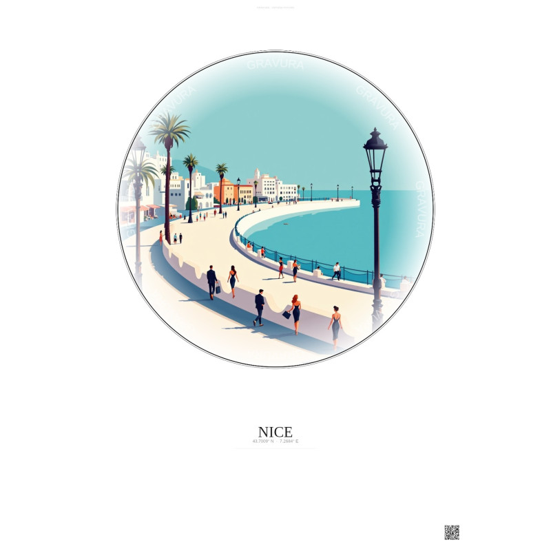 Affiche Nice – Poster illustration vintage – Promenade Des Anglais | Gravura – Fond clair