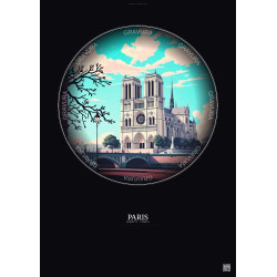 Affiche Paris – Poster illustration vintage – Notre Dame Cathedral | Gravura – Fond foncé