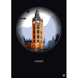 Affiche London – Poster illustration vintage – Big Ben | Gravura – Fond foncé