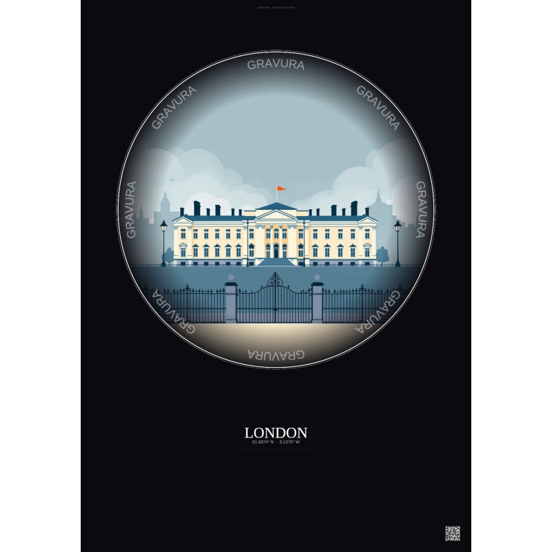 Affiche London – Poster illustration vintage – Buckingham Palace | Gravura – Fond foncé