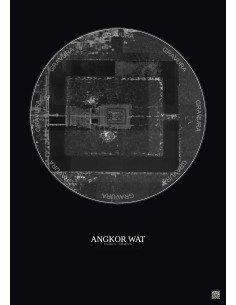 Affiche Angkor Wat – Poster vue satellite 1km N&B | Gravura – Fond foncé