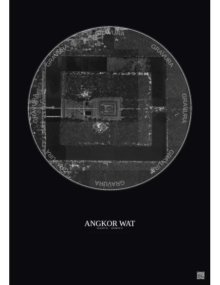 Affiche Angkor Wat – Poster vue satellite 1km N&B | Gravura – Fond foncé