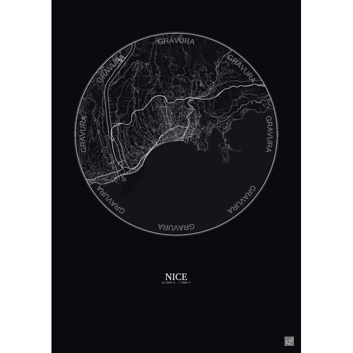 Affiche Nice – Poster carte de ville 10km | Gravura – Fond foncé