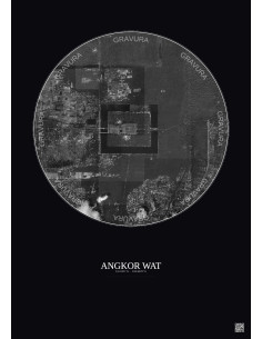Affiche Angkor Wat – Poster vue satellite 2.5km N&B | Gravura – Fond foncé
