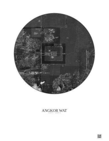 Affiche Angkor Wat – Poster vue satellite 2.5km N&B | Gravura – Fond clair