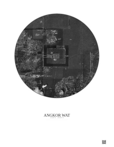 Affiche Angkor Wat – Poster vue satellite 2.5km N&B | Gravura – Fond clair