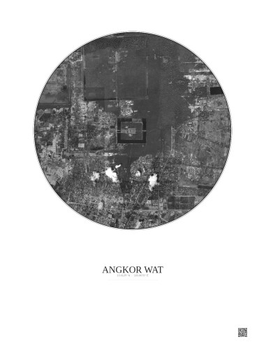 Affiche Angkor Wat – Poster vue satellite 5km N&B | Gravura – Fond clair