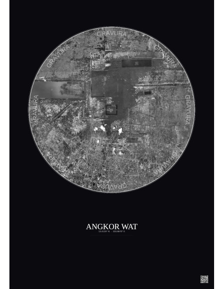 Affiche Angkor Wat – Poster vue satellite 10km N&B | Gravura – Fond foncé