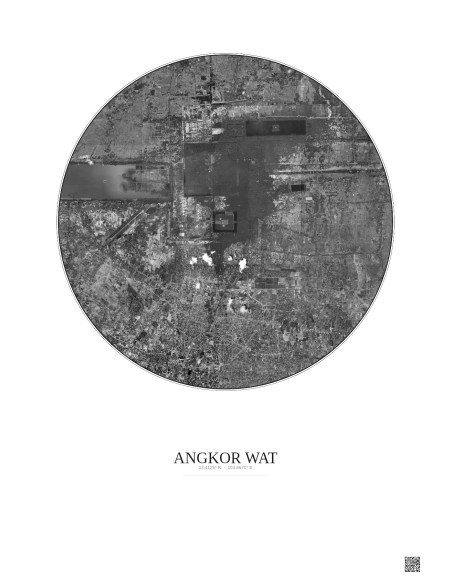 Angkor Wat Satellite View Poster 10km B&W | Gravura – Light background