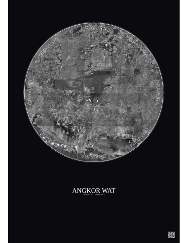 Affiche Angkor Wat – Poster vue satellite 20km N&B | Gravura – Fond foncé