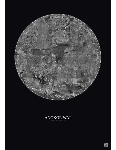 Affiche Angkor Wat – Poster vue satellite 20km N&B | Gravura – Fond foncé