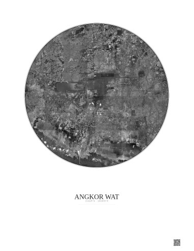 Affiche Angkor Wat – Poster vue satellite 20km N&B | Gravura – Fond clair