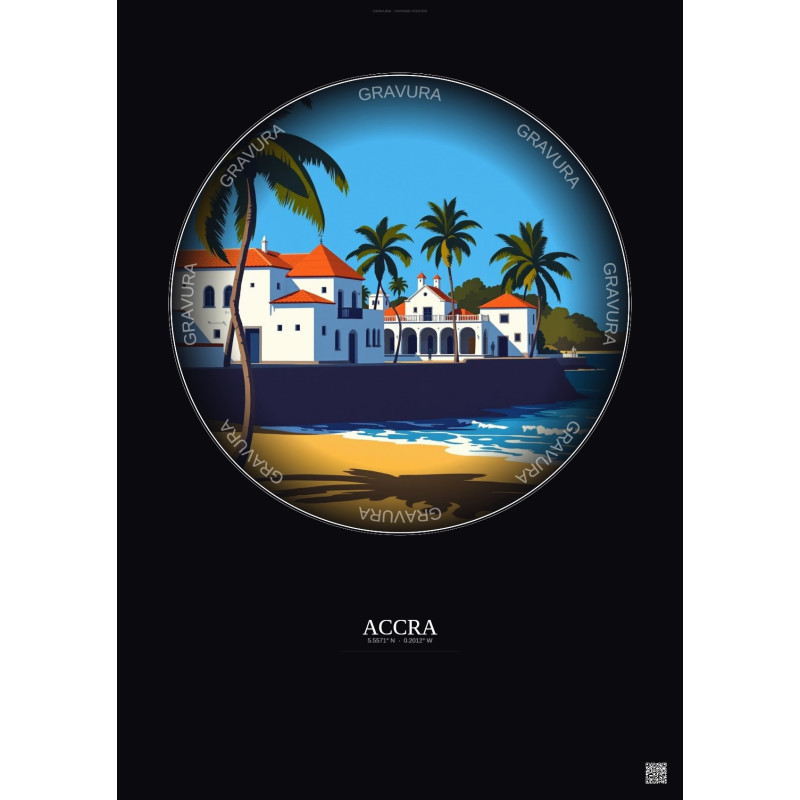 Affiche Accra – Poster illustration vintage – Accra | Gravura – Fond foncé