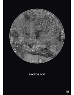 Affiche Angkor Wat – Poster vue satellite 30km N&B | Gravura – Fond foncé