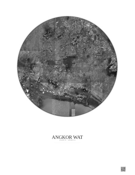 Affiche Angkor Wat – Poster vue satellite 30km N&B | Gravura – Fond clair