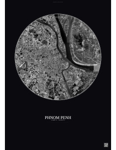 Affiche Phnom Penh – Poster vue satellite 10km N&B | Gravura – Fond foncé