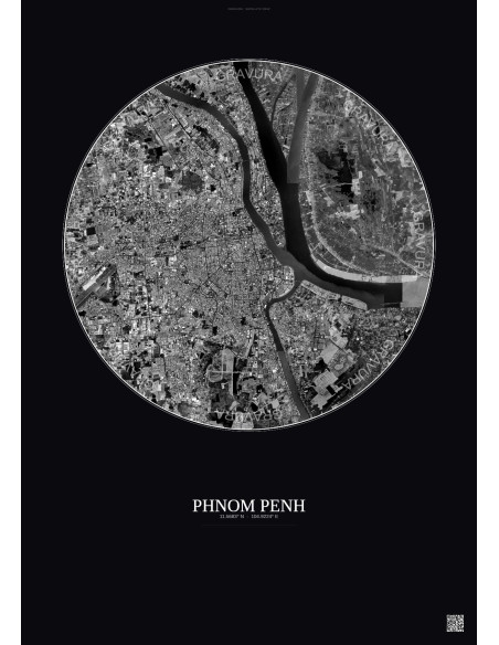 Affiche Phnom Penh – Poster vue satellite 10km N&B | Gravura – Fond foncé