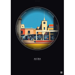 Affiche Accra – Poster illustration vintage – Makola Market | Gravura – Fond foncé