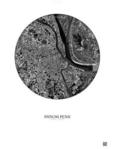 Affiche Phnom Penh – Poster vue satellite 10km N&B | Gravura – Fond clair