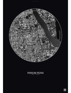 Affiche Phnom Penh – Poster vue satellite 2.5km N&B | Gravura – Fond foncé