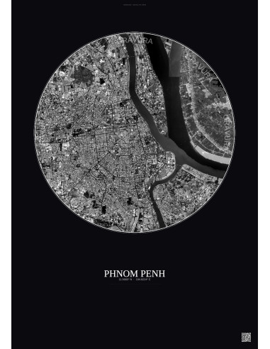 Affiche Phnom Penh – Poster vue satellite 6km N&B | Gravura – Fond foncé
