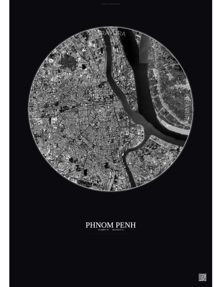 Affiche Phnom Penh – Poster vue satellite 6km N&B | Gravura – Fond foncé
