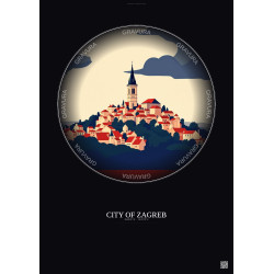 Affiche City Of Zagreb – Poster illustration vintage – Famous Viewpoint Of City Of Zagreb | Gravura – Fond foncé