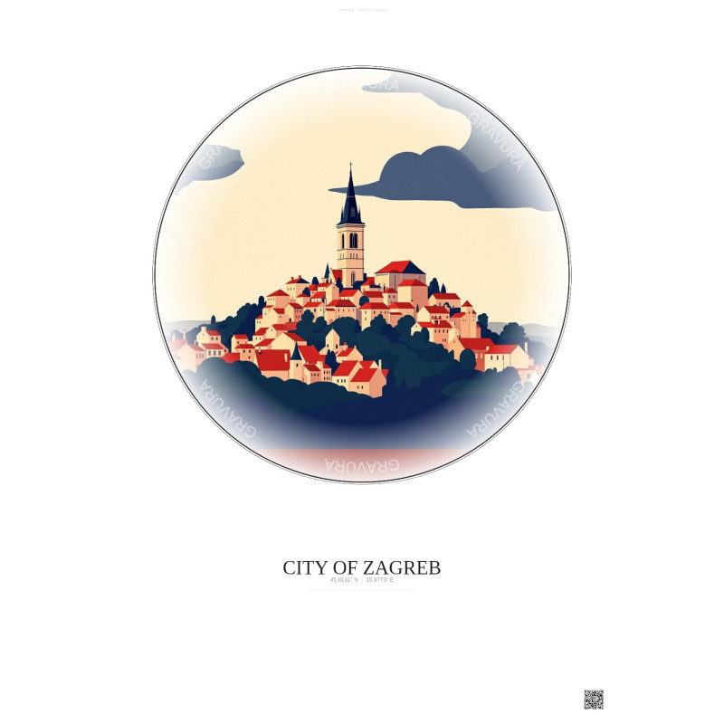Affiche City Of Zagreb – Poster illustration vintage – Famous Viewpoint Of City Of Zagreb | Gravura – Fond clair