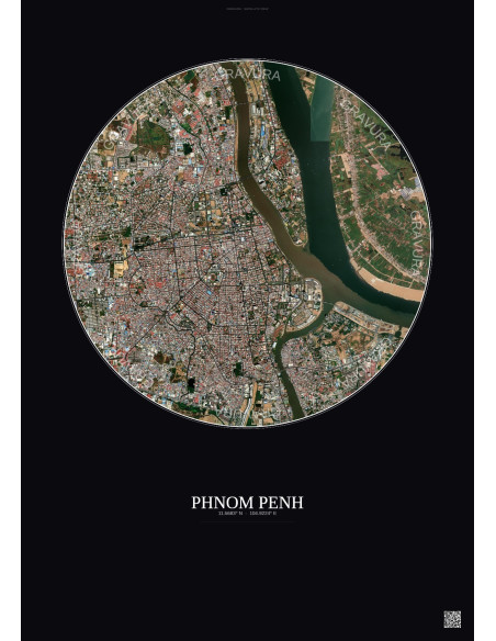 Affiche Phnom Penh – Poster vue satellite 6km Couleur | Gravura – Fond foncé