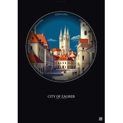 Affiche City Of Zagreb – Poster illustration vintage – Historic Old Town Of City Of Zagreb | Gravura – Fond foncé