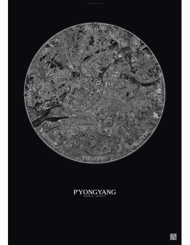 Affiche P Yongyang – Poster vue satellite 10km N&B | Gravura – Fond foncé