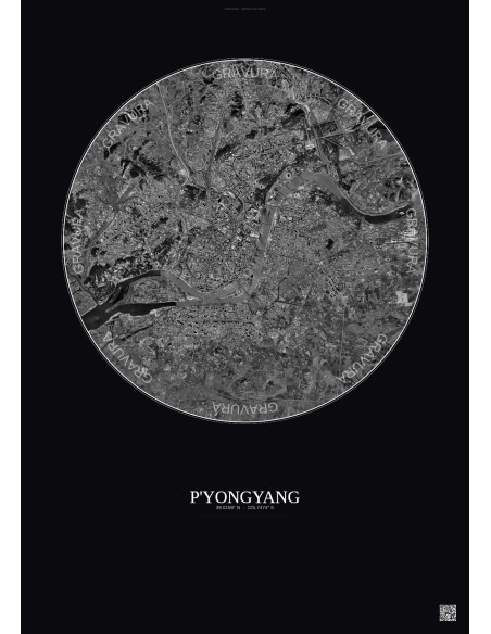 Affiche P Yongyang – Poster vue satellite 10km N&B | Gravura – Fond foncé
