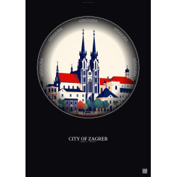 Affiche City Of Zagreb – Poster illustration vintage – Most Iconic Landmark Of City Of Zagreb | Gravura – Fond foncé