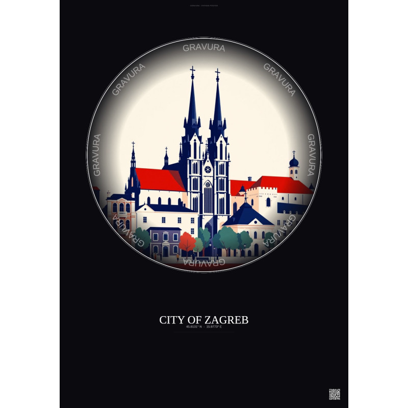 Affiche City Of Zagreb – Poster illustration vintage – Most Iconic Landmark Of City Of Zagreb | Gravura – Fond foncé