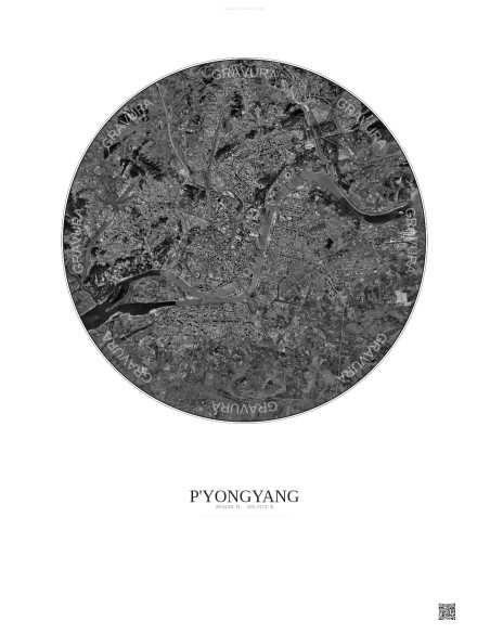 Affiche P Yongyang – Poster vue satellite 10km N&B | Gravura – Fond clair