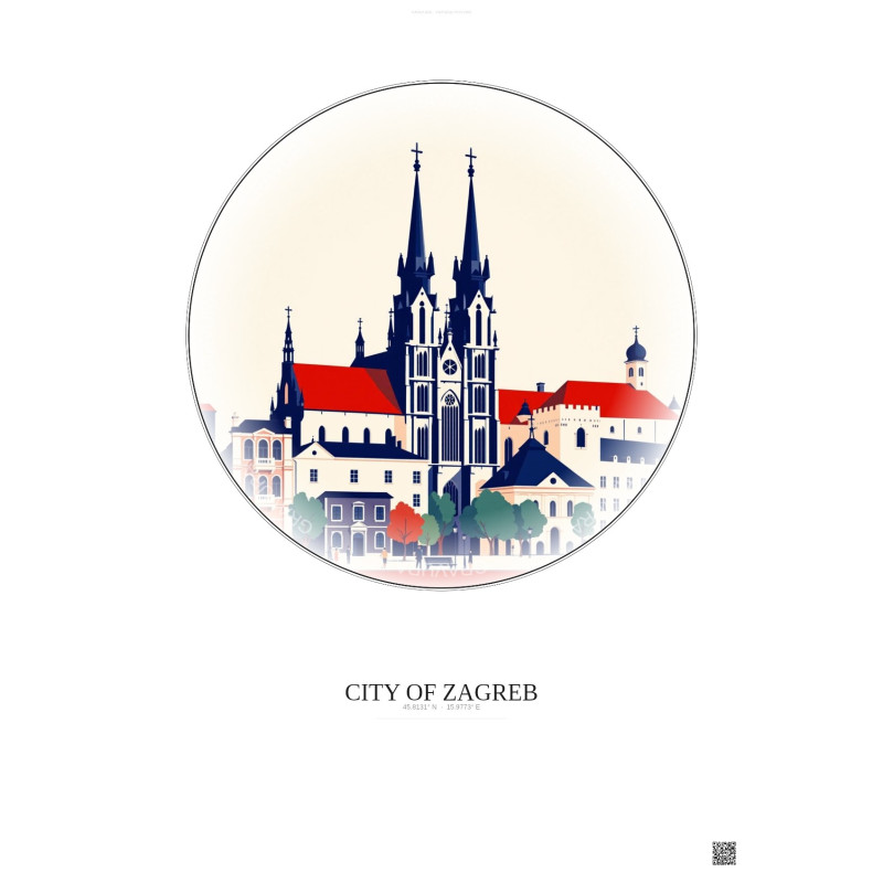 Affiche City Of Zagreb – Poster illustration vintage – Most Iconic Landmark Of City Of Zagreb | Gravura – Fond clair
