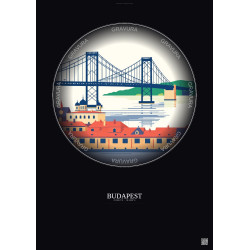 Affiche Budapest – Poster illustration vintage – Szechenyi Chain Bridge | Gravura – Fond foncé