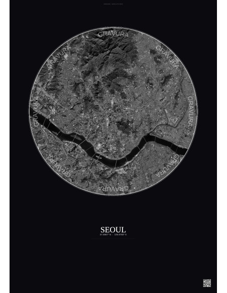 Affiche Seoul – Poster vue satellite 10km N&B | Gravura – Fond foncé
