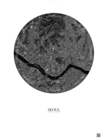 Affiche Seoul – Poster vue satellite 10km N&B | Gravura – Fond clair